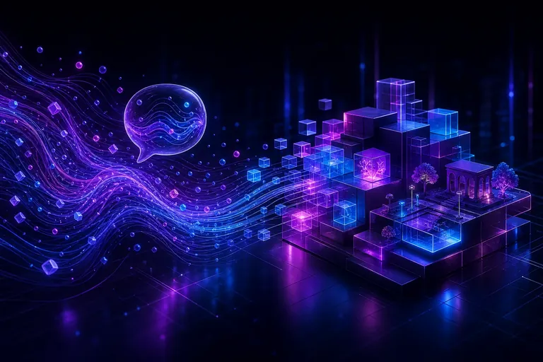 Laserowa ilustracja: fala światła wychodząca z dymka rozmowy układa się w bloki narzędzia